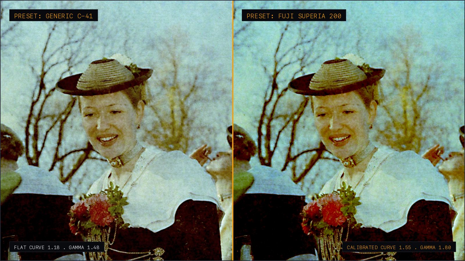 Comparison between naive linear negative inversion and logarithmic C-41 mask subtraction: left side exhibits harsh cyan-green cast on portrait tones, while right side cleanly extracts true Portra 400 skin rendition