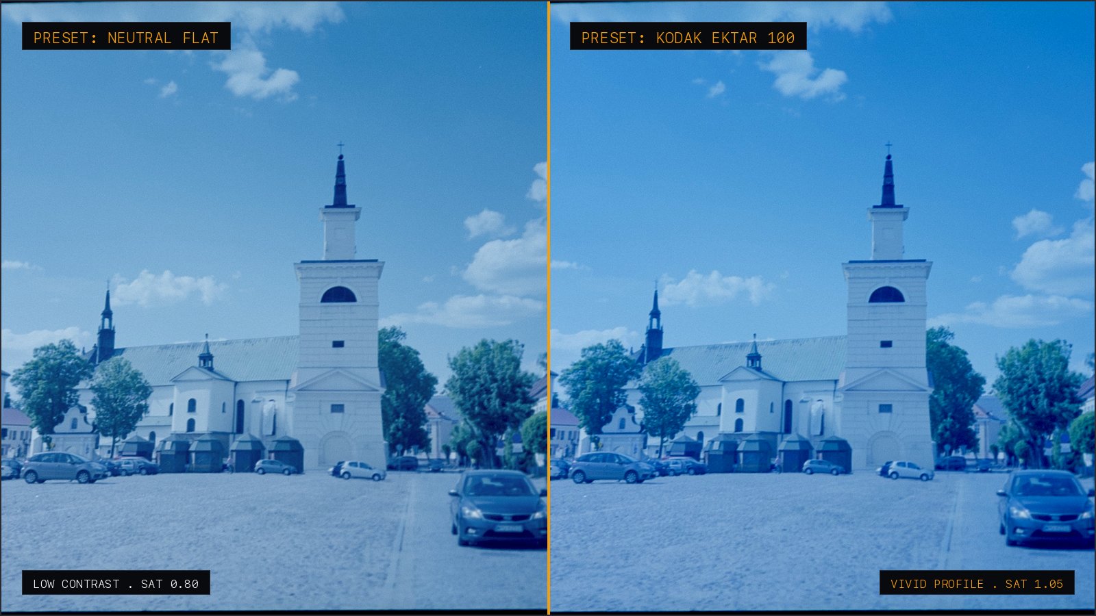 Tone curve fidelity comparison: left side shows crushed shadow clipping from flat inversion, right side shows calibrated S-curve response with open shadow details and film grain preservation