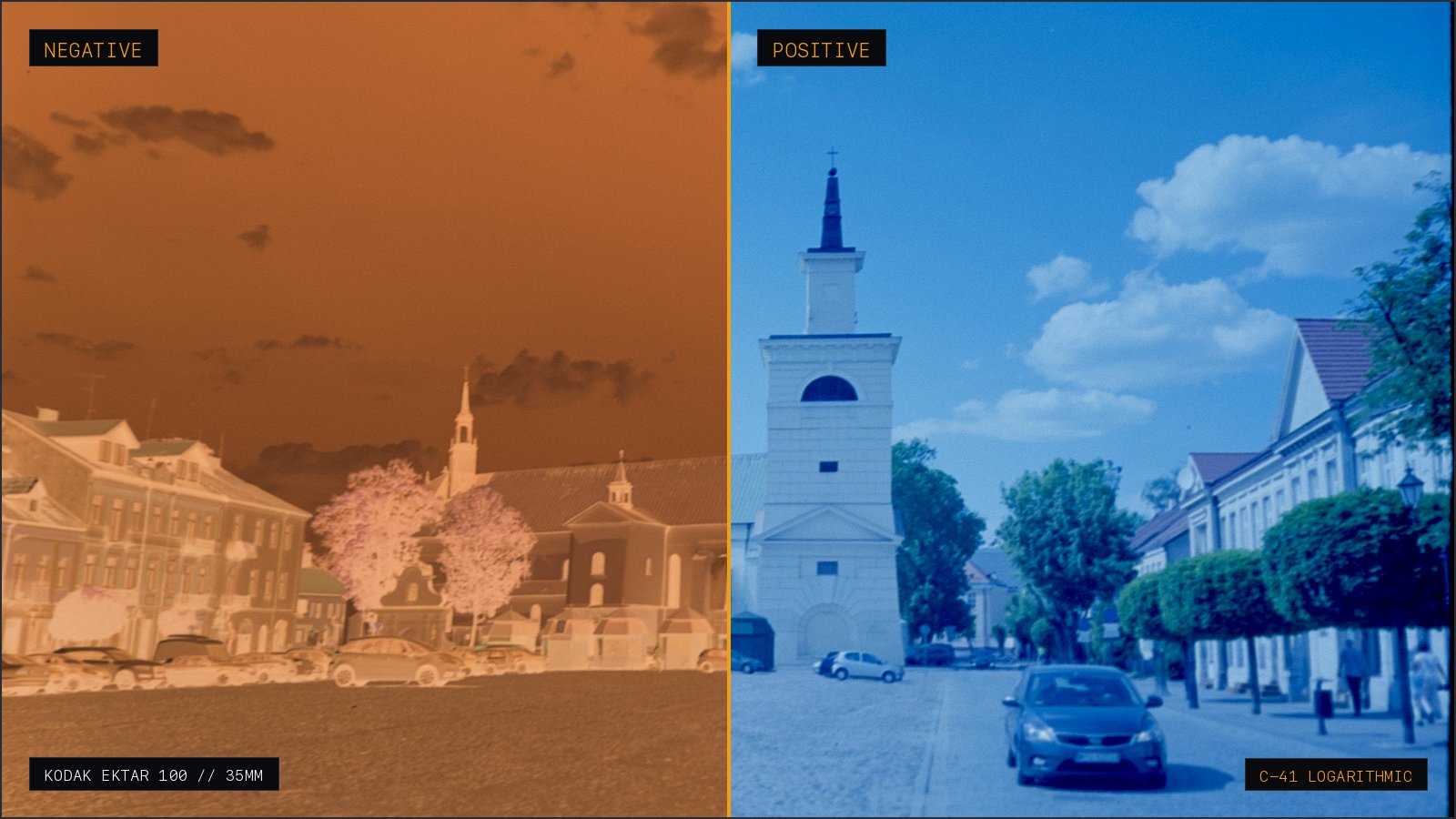 Before and after comparison of a full C-41 color negative: left shows the raw uncorrected scan with deep orange film base, right shows the finished positive image after complete mask removal and gamma correction.